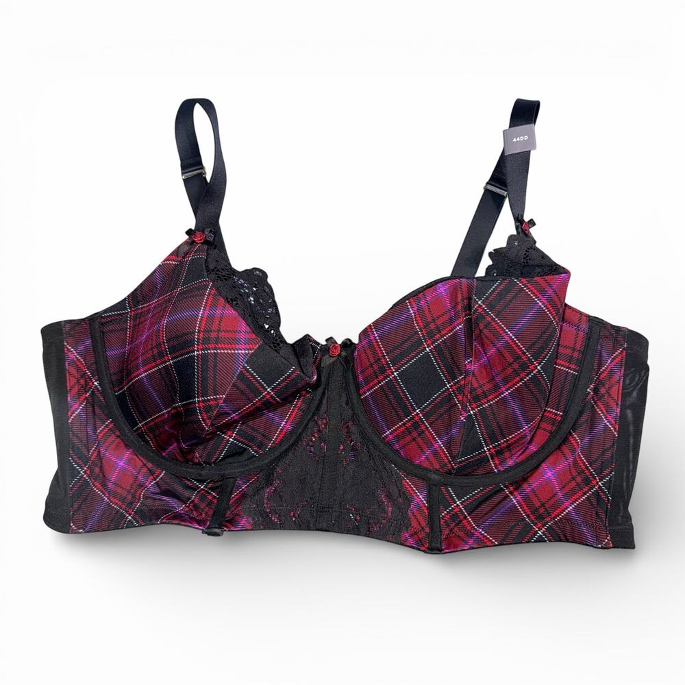 Cacique Womens Longline French Balconette Bra Plaid Lace Sheer Red Black 44DD